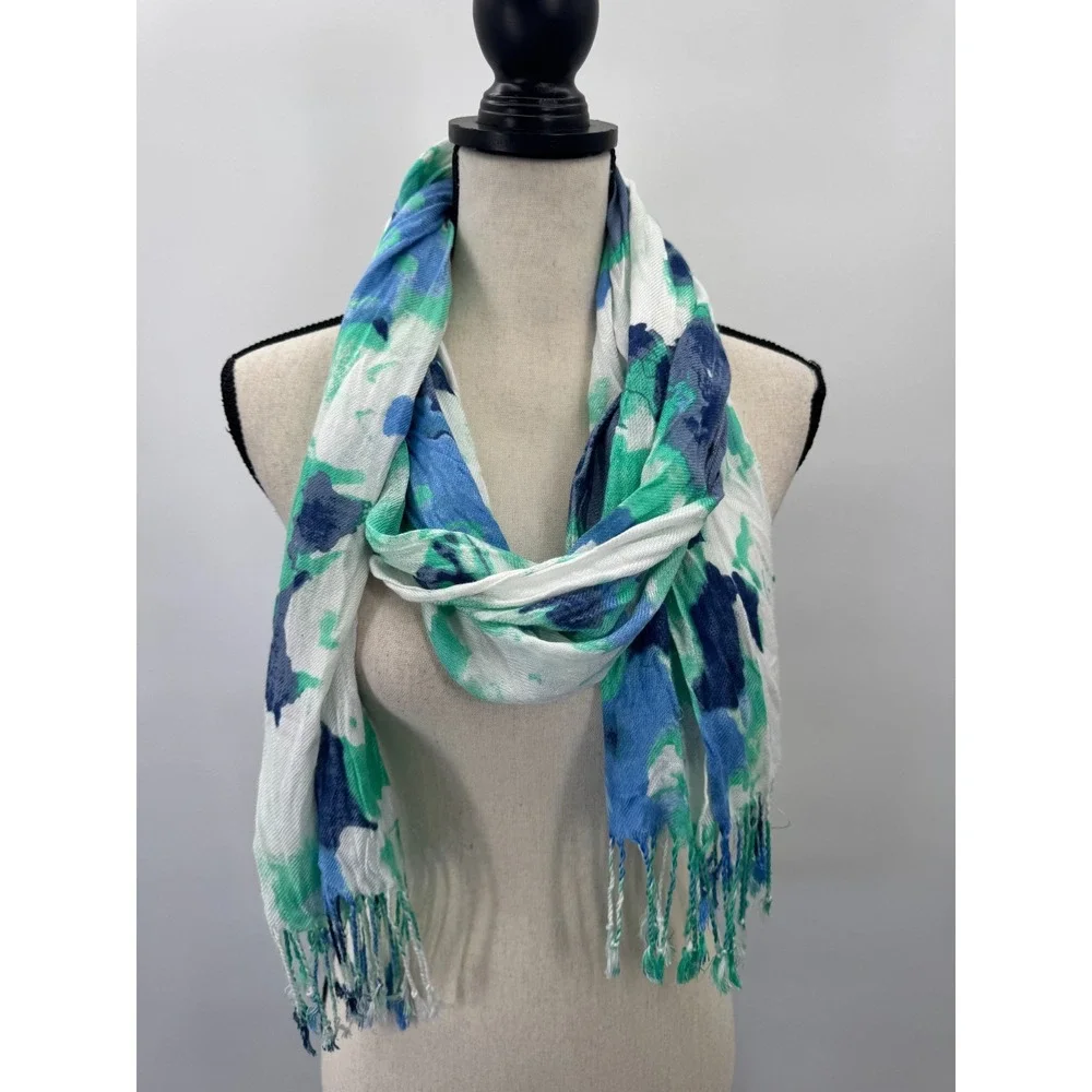 Watercolor Teal Blue White Scarf Shawl Wrap Artsy Coastal Marine Fringe Mermaid